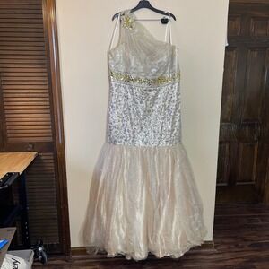 Mac Duggal Champagne and Gold One-Shoulder Sequin Prom Gown
